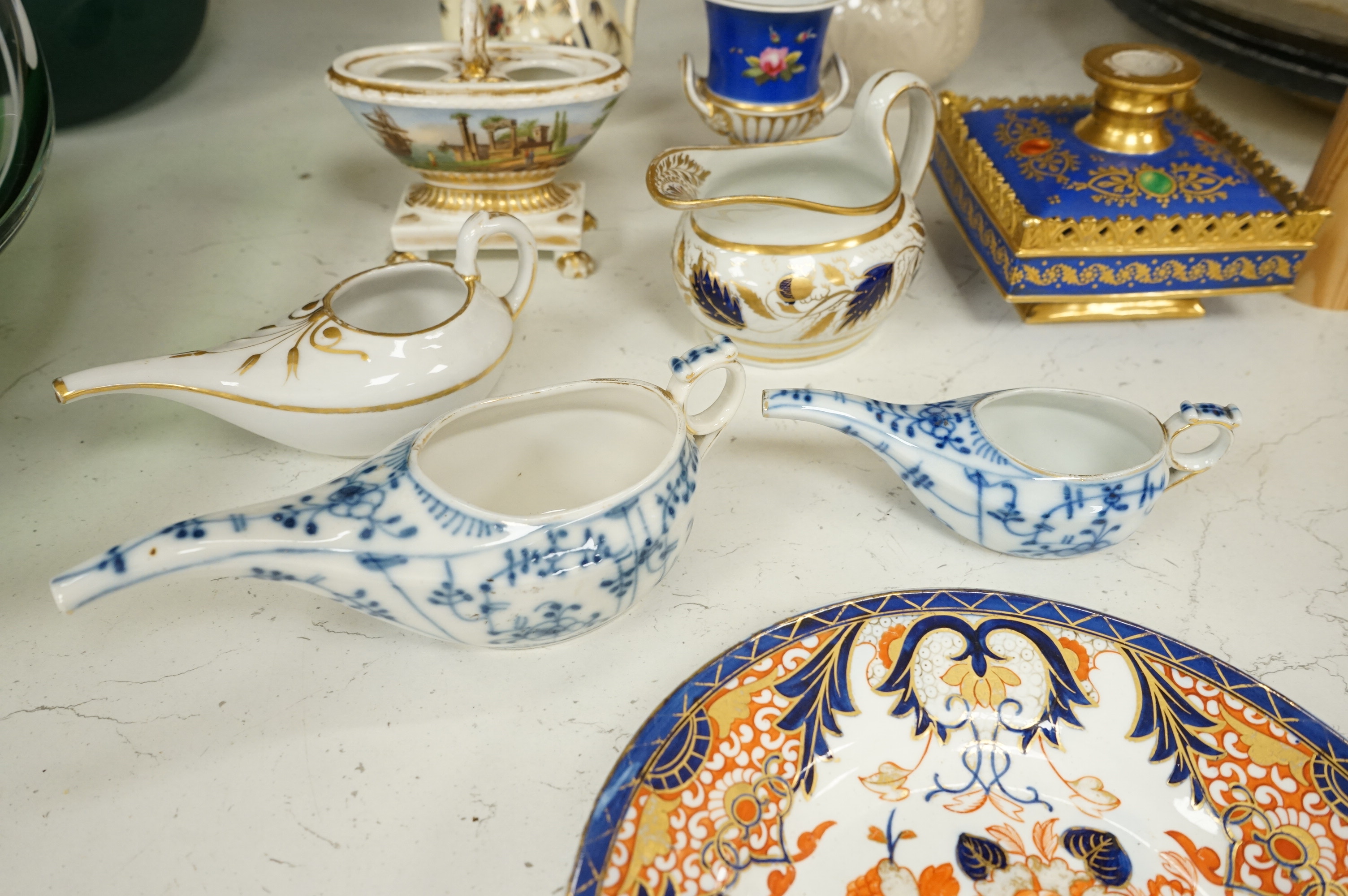 Mixed 19th and 20th English ceramics including Derby, Newhall and Chamberlains Worcester, largest 23cm high